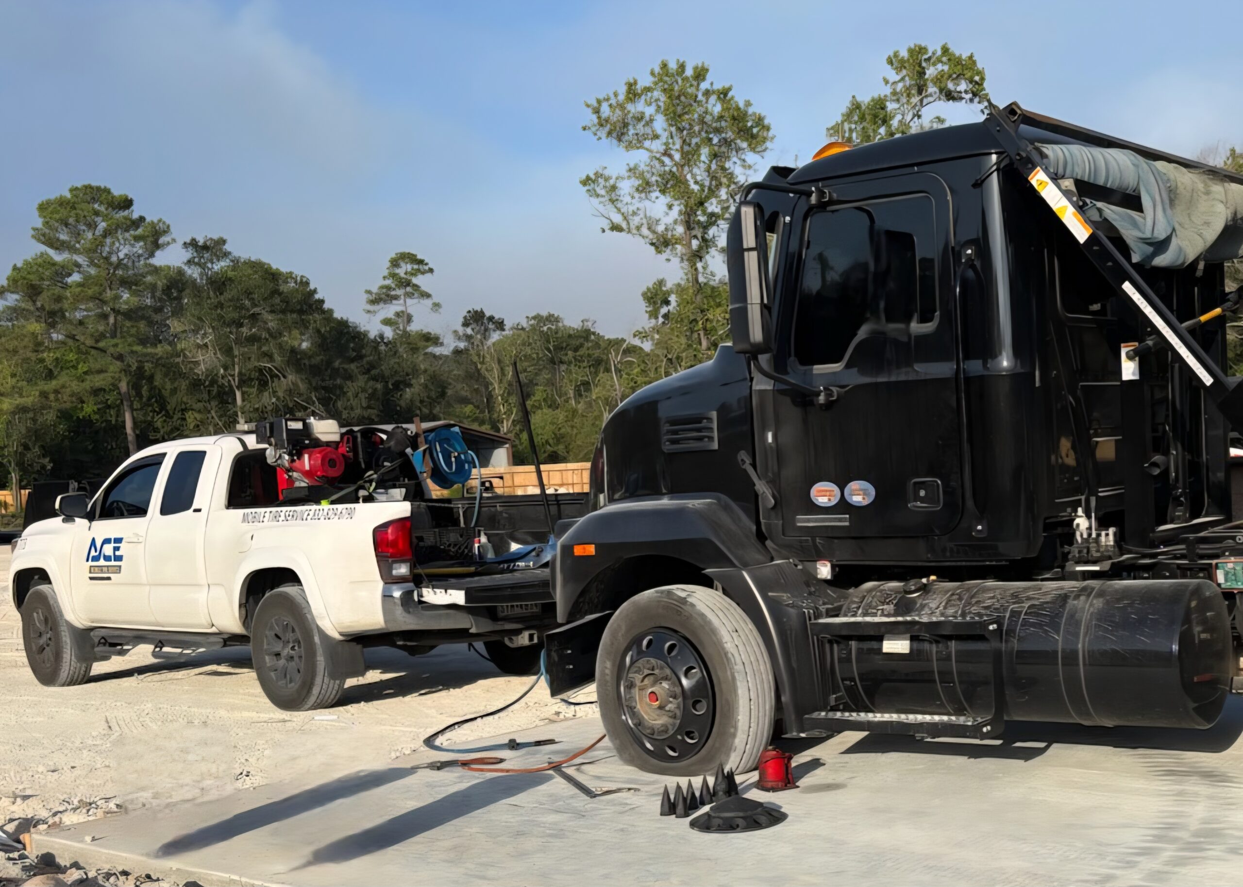 Mobile tire replacement on a commercial truck